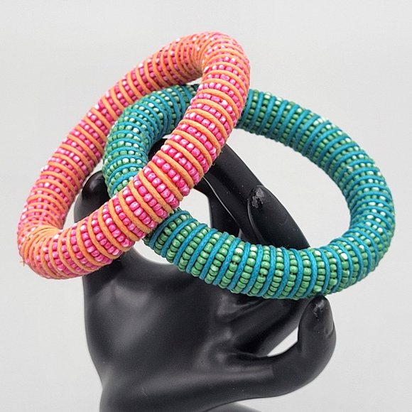Micro Beaded Bangle Bracelets Set of 2 Slip On Pink Blue Green Handmade - Picture 1 of 7